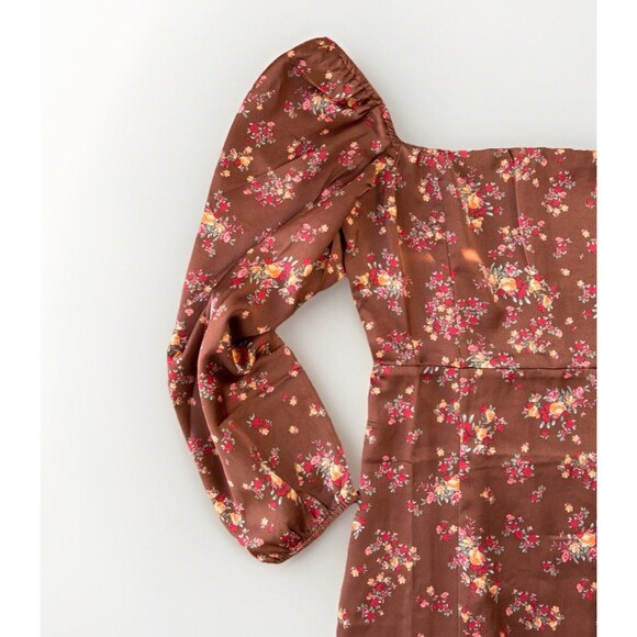 Vici Brown Floral Satin Dress Size M Balloon Sleeve Hippie Boho Glam - Picture 3 of 7